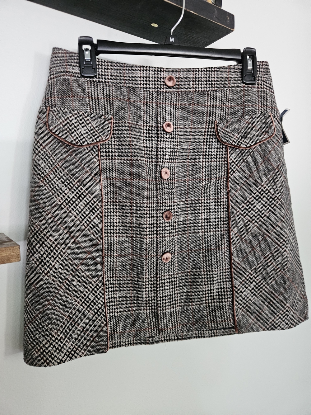 Plaid Button-Front Pencil Skirt in Brown and Black